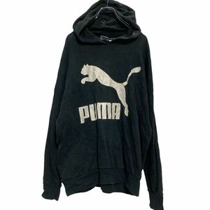 PUMA プリントスウェット パーカー L ブラック ホワイト プーマ ライン 裏パイル プルオーバー 古着卸 アメリカ仕入 a609-5417