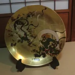 九谷焼 在銘 風神雷神図 飾り皿 大皿 美術品 直径40cm　北村利夫