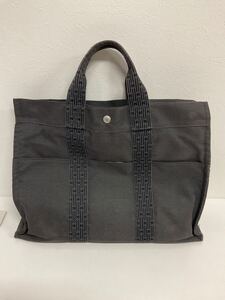 営HM080-100◆ HERMES エルメス エールラインMM グレー キャンバス トートバッグ 