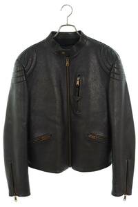 プラダ PRADA Black Leather Biker Jacket UPW423 2D02 サイズ:48 ジップアップバイカーレザージャケット 中古 SB01