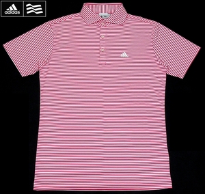 即決 極美品 adidas GOLF アディダスゴルフ ボーダー柄 バイカラー ストレッチ 吸汗速乾 半袖ポロシャツ ピンクｘホワイト L メンズ