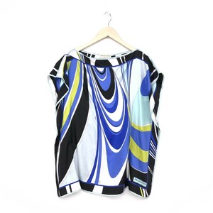 未使用品◆EMILIO PUCCI エミリオプッチ シルクカットソー TU◆ ブルー 絹100％ レディース 総柄 フレンチスリーブ プッチ柄 トップス