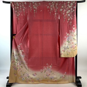 振袖 身丈170cm 裄丈68cm L 袷 草花 金彩 ぼかし ピンク 正絹 名品 【中古】