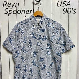 sh●760 90s ハワイ製 reyn spooner サーフィン柄 プルオーバーアロハシャツ M～L オールド　ヴィンテージ レインスプーナー USA製