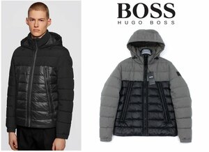 12万新品◆48=M◆BOSS ヒューゴボス 中綿入りフーデッド切替ダウンジャケット灰×濃灰 1円