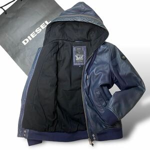 希少色●DIESEL ディーゼル ラムレザー パーカー フード ジップジャケット ライダース ブルゾン 羊革 ロゴ金具 ネイビー 紺 M相当 メンズ