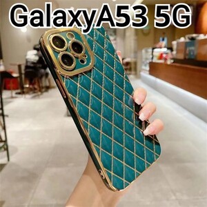 GalaxyA53 ケース　グリーン　緑　ふちどり　メッキ風　格子柄　可愛い