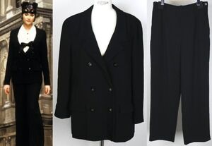 94A CHANEL wool black suit doublebreast jacket pant size 42 シャネル ダブルブレスト ジャケット パンツ ブラック スーツ b8691