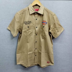 H191 Dickies ディッキーズ ワーク シャツ 半袖 ロゴ ワッペン メッセージ 刺繍 ポケット メンズ ベージュ L アメカジ T/Cツイル バイカー