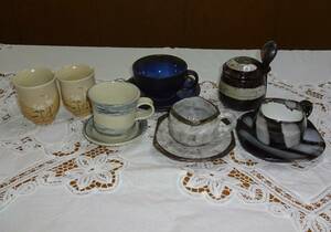 コーヒーカップ＆ソーサー4客　夫婦湯呑　茶碗蒸し器 土物　Used