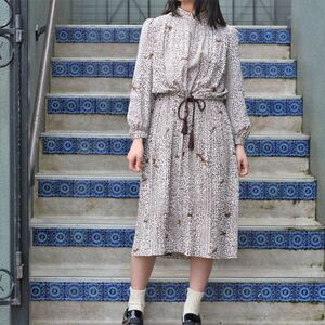 RETRO VINTAGE LEOPARD PATTERNED WAIST RIBBON DESIGN LONG SLEEVE ONE PIECE/レトロ古着ヒョウ柄ウエストリボンデザイン長袖ワンピース