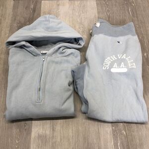 ★335 チャンピオン CHAMPION スウェット ハーフジップ パーカー パンツ 上下 セットアップ M ブルー