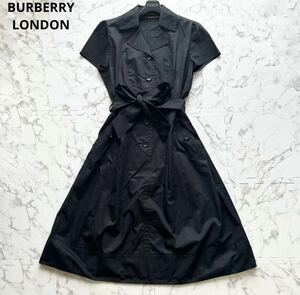 希少サイズ44◎2XL相当 バーバリーロンドン BURBERRY LONDON シャツワンピース オープンカラー チェック ロング丈 Aライン ベルト 黒 3L