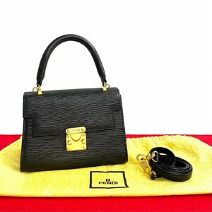 ほぼ未使用 保存袋付 希少品 FENDI フェンディ ロゴ エピレザー 本革 2way ミニ ショルダーバッグ ハンドバッグ ブラック 黒 40777