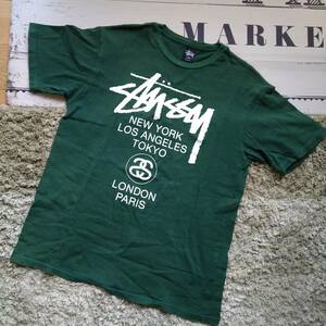 ステューシー　Tシャツ　グリーン　L　ワールドツアー　STUSSY