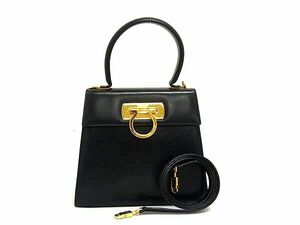 1円 Salvatore Ferragamo フェラガモ ガンチーニ レザー 2WAY ハンドバッグ クロスボディ ショルダーバッグ ブラック系 BK3851