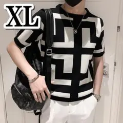 ニット Ｔシャツ 幾何学 バイカラー XL メンズ カットソー シャツ 韓国