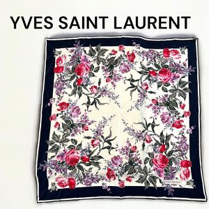 YVES SAINT LAURENT イヴサンローラン シルク100% スカーフ 花柄 マルチカラー 約78×78cm フラワー柄 ベージュ ブラック ピンク パープル