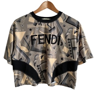 美品 FENDI フェンディ 2022年モデル 半袖 ストレッチ クルーネック クロップドTシャツ カットソー XS ベージュ×ブラック