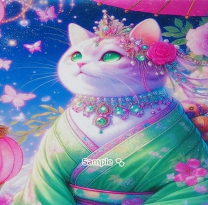 【A4】ネコ日本帝国 119 着物白猫 手描き&CG 絵画イラストオリジナル原画 Cat Empire Kimono white cat Hand drawn painting original art