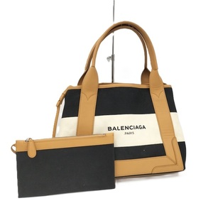 BALENCIAGA トートバッグ ネイビーカバス S ボーダー キャンバス レザー ブラック ホワイト 339933