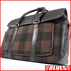 即決★COACH★レザーコンビハンドバッグ コーチ 黒 チェック 茶 本革 手提げバッグ 本皮 ショルダーバッグ 2way 旅行