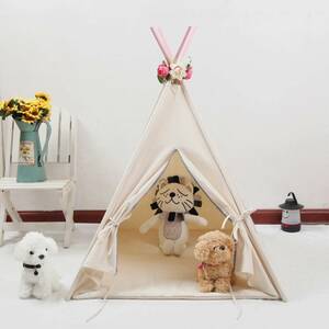 グレーホワイトキャンバスポンポンペット小屋犬のテントペット犬ハウス子犬猫犬おしっこ犬ティピーペットテント小屋