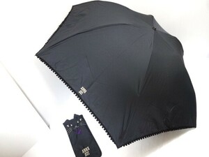 新品未使用 正規品 ANNA SUI アナスイ　猫　顔刺繍　外袋　 3つ折り畳み　雨傘　持ち手　ハート　黒