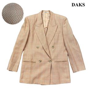 DAKS ダックス テーラードジャケット ダブルブレスト シルク混 背抜き サーモンピンク コーラルピンク 総柄 レディース 11号 Lサイズ