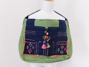 アジア雑貨/民族/ハンドバッグ/刺繍/グリーン緑×ネイビー紺