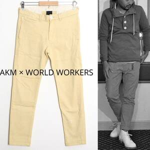 AKM×WORLD WORKERSペンキ加工ハイパワーストレッチスキニーパンツSコットンツイル イエロー ワークパンツ デニムwjk/1piu1uguale3系列