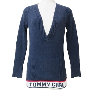 トミーガール tommy girl 長袖 ニット Vネック コットンニット ロゴ XS 紺 ネイビー X レディース