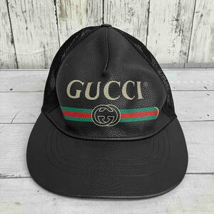 値下げ GUCCI ヴィンテージロゴレザーメッシュキャップ ブラック キャップ イタリア製 グッチ Mサイズ 58cm