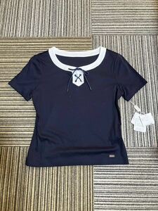 ★送料無料★未使用品　ハロッズ　半袖Tシャツ カットソー 紺色　ネイビー　紐　リボン　白　サイズ2 日本製　コットン　リヨセル