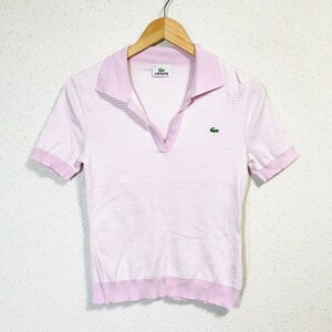 FA763dL 日本製 LACOSTE ラコステ サイズ40 (M位) 半袖ニットシャツ カットソー 薄手ニット ボーダー ピンク×ホワイト レディース ワニ