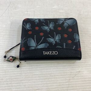 TAKEZO タケゾー 折りたたみ 財布 がま口 ストラップ付き 蝶々柄 黒 ブラック 中古