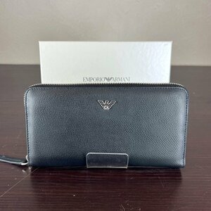 【77】 美品 EMPORIO ARMANI エンポリオアルマーニ 長財布 イーグルロゴ メンズ ウォレット ブラック 箱付き 中古品