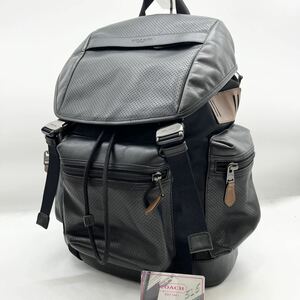 極美品/大容量●コーチ COACH リュック バックパック デイパック メンズ ビジネス A4 フラップ 巾着型 ブラック 黒 レザー 本革 ロゴ型押し