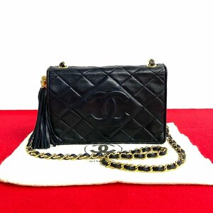 極 美品 袋付き シール有 1番台 CHANEL シャネル マトラッセ ラムスキン レザー フリンジ チェーン ショルダーバッグ ネイビー 17328