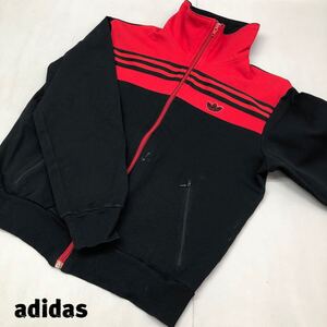 H■ビンテージ■ adidas アディダス トラックジャケット 西ドイツタグ 70’s〜80’s レッド×ブラック 赤 黒 ライン ジャージ サイズS 服