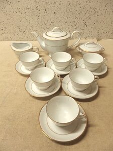 0140416w【Noritake 北陸銀行 創業 100周年 記念品 ティーセット】ノリタケ/ホワイト×ゴールドライン/銀行章入り/長期保管品