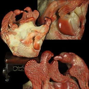 【縁】中国古玩 寿山石 鶏血石 極細彫 仏手柑鳥図 天然石 513ｇ 唐木台付 E-660