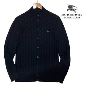 1円〜 極美品 2(M) BURBERRY BLACK LABEL バーバリーブラックレーベル 日本製 凸凹シャドーチェック 羊毛 ウール100% カーディガン