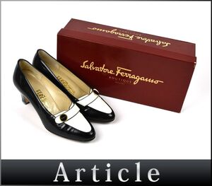 192625◆ Ferragamo フェラガモ パンプス シューズ 靴 22.5cm レザー 革 パテントレザー ホワイト ブラック レディース 箱/ F