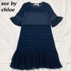 see by chloe クロエ ワンピース レース ドット フリル S ネイビー 紺 レディース