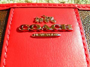 コーチ COACH 本革 レッド PVC レザー 長財布 F54630 シグネチャー 革 キャンバス ☆ 財布 ブラウン アコーディオン ジップ ウォレット ！