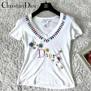 希少デザイン☆Christian Dior ディオール ガリアーノ期 マルチカラーロゴ 花柄 刺繍 Vネック Tシャツ