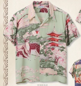 SUN SURF　五重塔　鹿　興福寺　SS37858　M　SAX　THE PAGODA IN FULL BLOOM　和柄　サンサーフ　アロハシャツ　Hawaiian shirt　JAPAN　桜