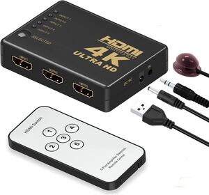 HDMI切替器 GANA 分配器 セレクター 5入力1出力 4Kx2K 1080p 3D映像 音声出力対応 USB給電ケーブル リモコン付き 金メッキコネクタ搭載