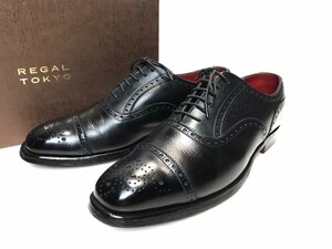 リーガル REGAL TOKYO/高級ライン ストレートチップ レザー シューズ/「W987」/メダリオン/size:25.5/定価:¥68,000円/黒/メンズ/良品